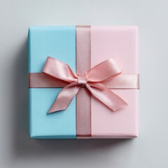 Square gift box, light blue and pink, tied with blush ribbon