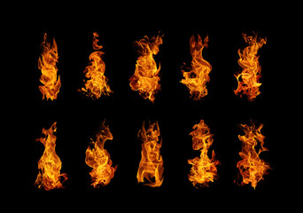 Collection fire flames isolated on black background