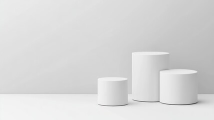 Three white cylindrical podiums against a light gray background.