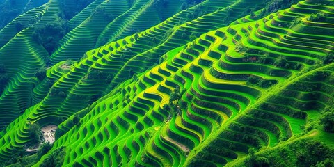Fototapeta premium Emerald green rice terraces cascading down Indonesian hillside, vibrant hues, stock photo, mountain