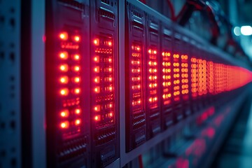 Close up shot of data center server racks with multiple illuminated red lights