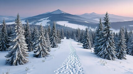 Snowy winter landscape with footprints in the snow.