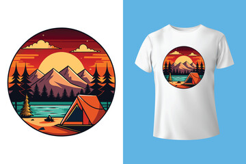 Nature camping landscape print. Outdoor terrain with mountain, waterfall in mug for t-shirt design. Beautiful adventure, wanderlust or explore