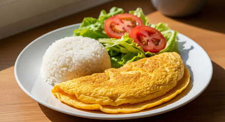 Delicious omelette with rice and fresh salad on a plate, healthy breakfast meal presentation