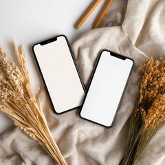 Two blank phones, beige cloth, dried grasses