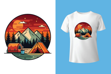 Nature camping landscape print. Outdoor terrain with mountain, waterfall in mug for t-shirt design. Beautiful adventure, wanderlust or explore