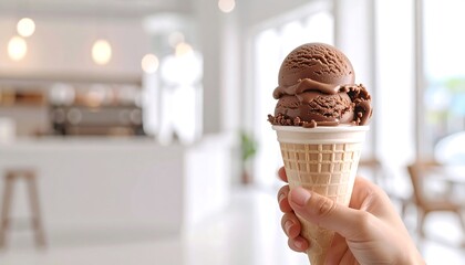 A hand holds a double scoop of chocolate ice cream in a cone, with a bright, blurred cafe in the background.