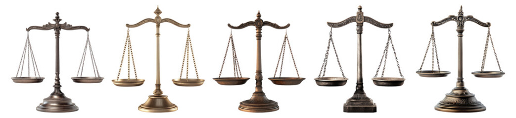 Five Unique Designs of Scales of Justice on a Isolated Background, PNG bundle collection, Isolated on Transparent Background