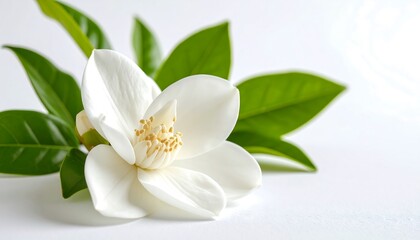 Fototapeta premium A single beautiful white flower with yellow stamen, accompanied by green leaves, against a clean white background