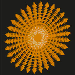 Orange sunburst shape. Radiant flower pattern. Fractal petal texture. Vector floral symbol.