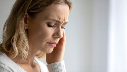 Fototapeta premium Close-up of woman experiencing headache, hand on temple, eyes closed, showing painstress.