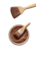 Brown powder makeup in a round container, with a makeup brush
