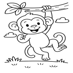A playful monkey swings on a tree branch, illustrated in a fun and simple black-and-white style, perfect for kids to color.