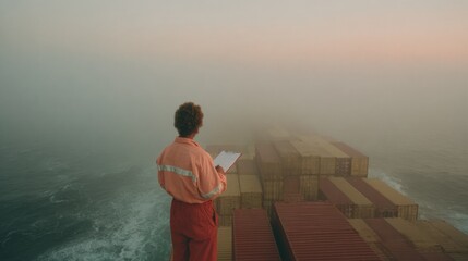 Transit Worker Inspecting Cargo on Container Ship Amid Foggy Sea at Sunset Shipping Logistics Supply Chain Global Trade Concept