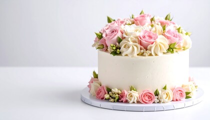 Elegant cake with pink and white buttercream roses on white. Perfect for celebrations.