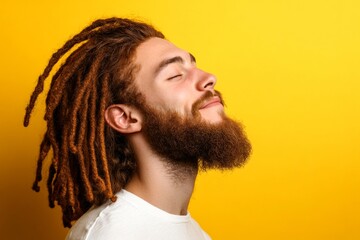 Elegant men's short dreads haircut - midlife white man with red hair. A classic beauty man with timeless elegance. Yellow solid background. Artwork of style for aging men.
