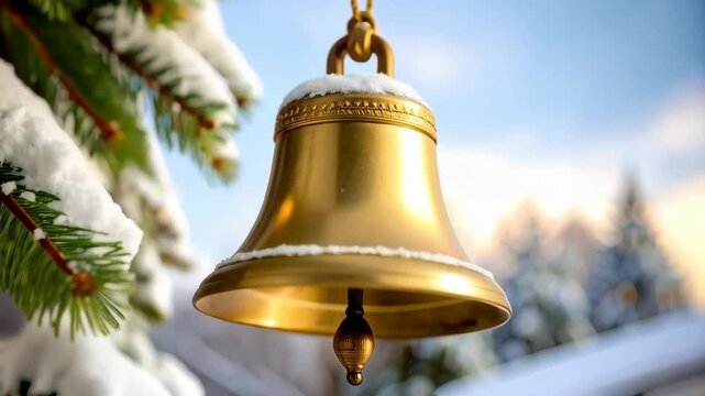 A golden bell hanging from a snow-covered fir tree branch against a blurred background of snow-covered trees and a bright blue sky.