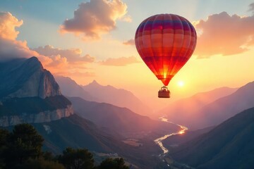 Fototapeta premium A luxurious gondola suspended beneath a vibrant hot air balloon, soaring gracefully through a breathtaking sunrise Perfect for travel, adventure, and luxury imagery , panorama, perspective
