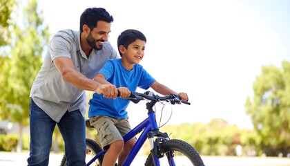 Father teaches his son to ride a bicycle outdoors.