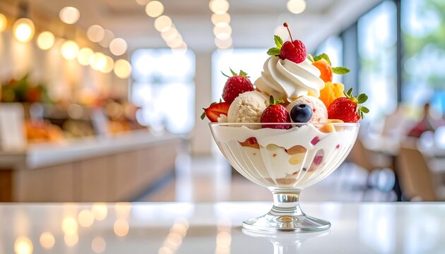 Fruit and ice cream parfait in a glass dish, topped with whipped cream and berries, in a cafe setting.