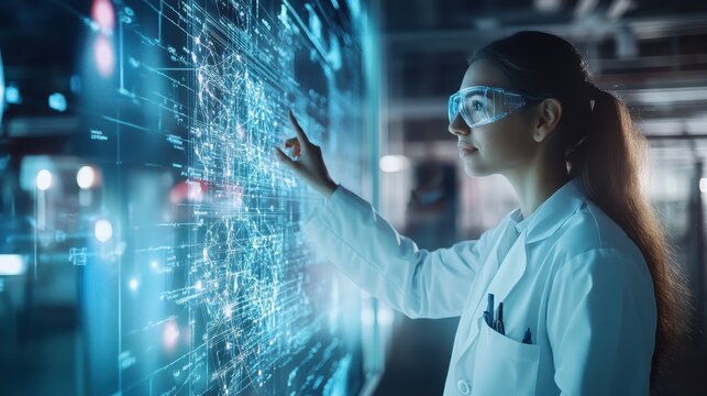 Female Scientist Working with Digital Interface and Data Visualization