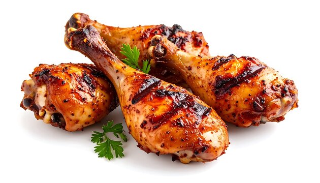 Grilled chicken drumsticks with crispy skin and parsley garnish on white.