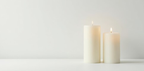 Two milk-white candles, unlit, on white background Clean lines, minimalist aesthetic , overhead, wax