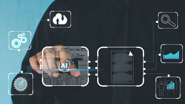 AI agent analyzing data and generating reports. Artificial intelligence and intelligent automation IA technology. Businessman using virturl  laptop computer to give instructions to AI  in company