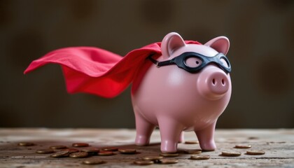 Cute piggy bank wea a superhero mask and cape standing on a pile of coins representing savings and financial success in a playful and whical financial theme
