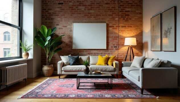 A stylish New York apartment interior featuring exposed brick, a vintage rug, and modern furniture The scene evokes a chic, urban aesthetic , cityscape, floor, brick - Powered by Adobe