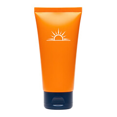 Close up shot of orange sunscreen tube with sun logo on a white background
