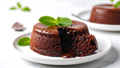 Molten chocolate lava cake with flowing center and mint, served on a white plate.