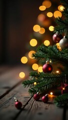 Warm glow, defocused Christmas tree, weathered wood surface, aged, surface
