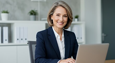 Businesswoman Smiling at Desk With Laptop
