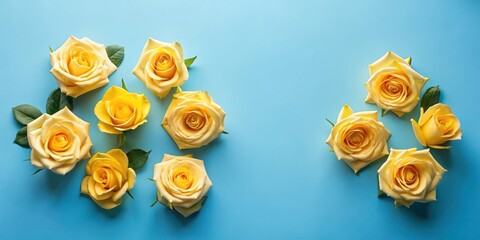 Pastel Yellow Roses Arranged on a Light Blue Background A Delicate Floral Display