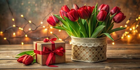 Romantic bouquet of red tulips in a lace-trimmed container, accompanied by a gift wrapped in rustic paper with a red ribbon, set against a backdrop of warm, soft lighting.