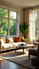 Cozy and inviting living room interior with comfortable furniture, natural light streaming through large windows, and stylish decor Perfect for relaxation and entertainment , design, bright