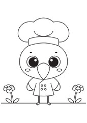 Coloring book flamingo wearing a chef's hat and jacket, standing proudly among sweet flowers