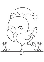 Coloring book flamingo wearing a Christmas hat and a tiny boot, balancing playfully on one leg