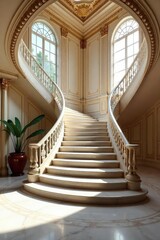 Grand, marble staircase ascending to a sunlit, opulent foyer Intricate detailing and high ceilings showcase lavish design in a luxurious home , opulent home, interior design