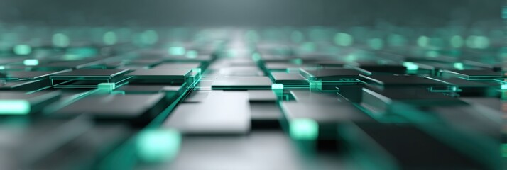 Digital distributed ledger network with smart meters and energy blocks connected by geometric lines on a tech grid surface for green energy marketing banner