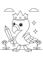 Coloring book flamingo wearing a crown and holding a sword