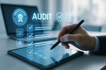 Digital audit checklist on tablet with male hand and certification badge icon
