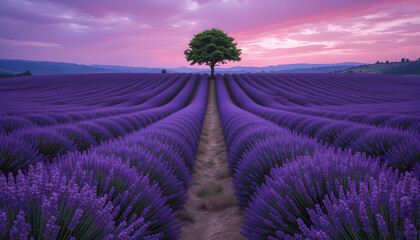 Lavender Field Landscape at Sunset with Solitary Tree and Dramatic Sky.