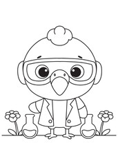 Coloring book  flamingo wearing safety goggles and a lab coat, standing with cute beakers and flowers