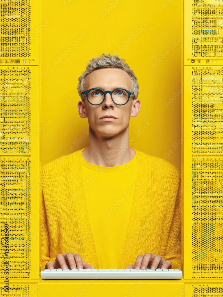 Poster modern young computer scientist in vibrant yellow outfit working on keyboard in high-tech server roo