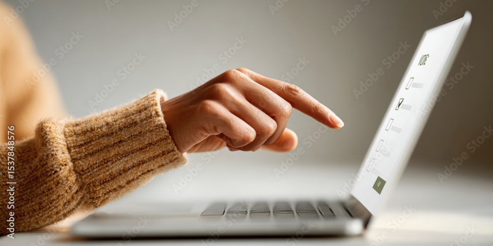 Poster Modern Digital Survey Interaction on Laptop with Floating Checkboxes Representing Vote Counting and Customer Satisfaction Feedback in Business