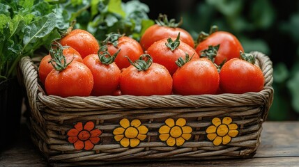 Fresh tomatoes in a rustic basket outdoors