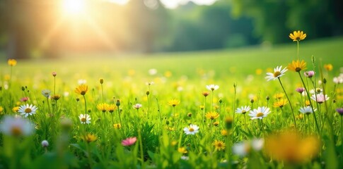 Sun-drenched meadow in summer, wildflowers in bloom, vibrant green grass, idyllic landscape, peaceful scene, abundant nature , meadow scene, natural, summer landscape
