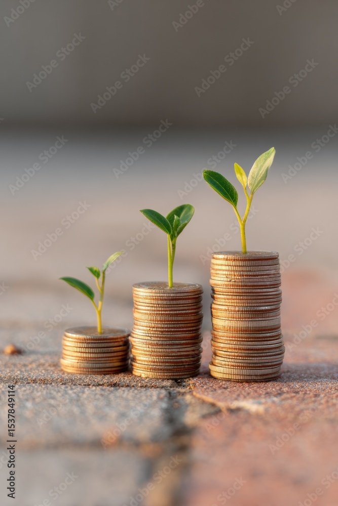 Poster sustainable financial growth concept with three stacks of coins and sprouting plants showing future 